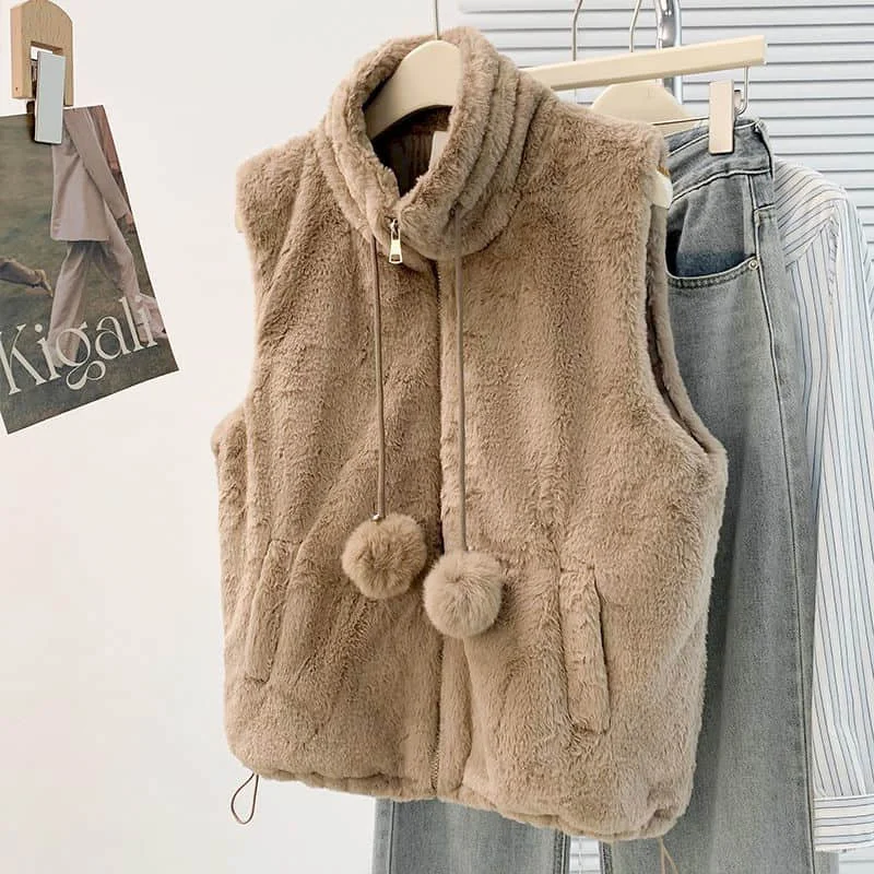 

Fleece Waistcoats Women Plush Stand Collar Vest Casual Autumn Winter Sleeveless Cardigans Korean Style Jackets Loose Women Tops