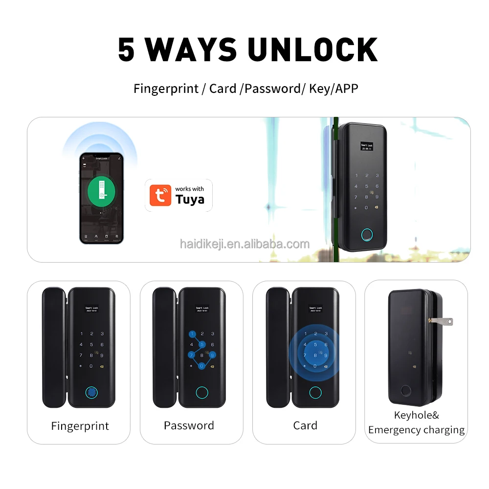 WiFi Smart Glass Door Lock with Fingerprint Cloud Storage Level-B Cylinder-Frameless Push Sliding Design
