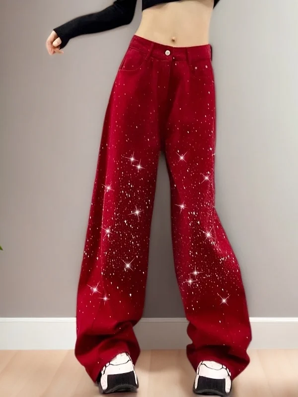 

Retro Casual Glitter Denim Jeans Women's High Waist Loose Slim Wide Leg Pants Spring 2026 Faionable Blue Waed Fabric