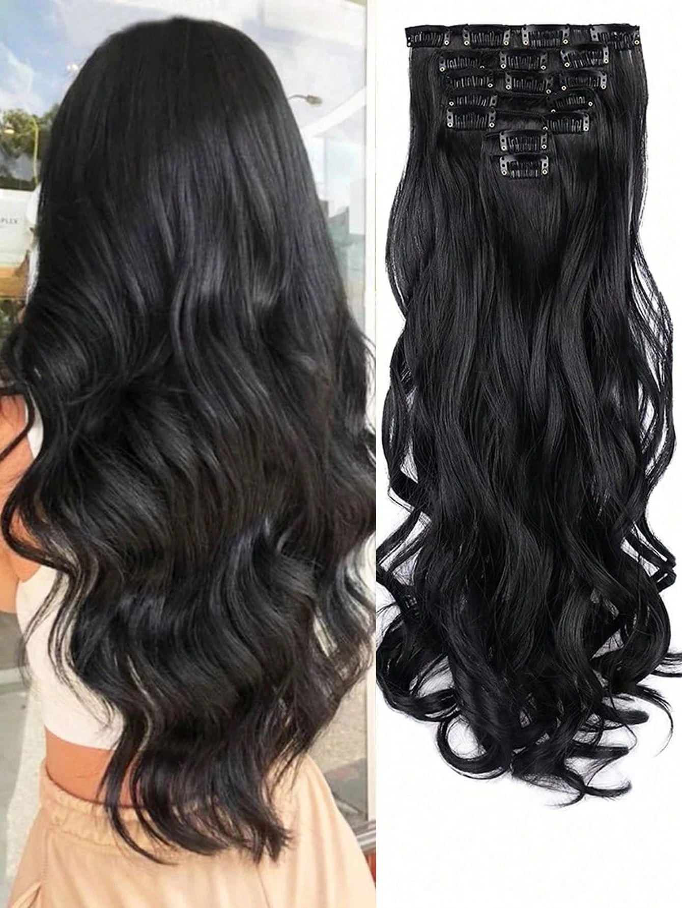 

18~30 inch Long Wavy Clip-in Hair Extensions, 7pcs/set Thick Hair pieces With Invisible Clips, Soft Synthetic Fiber, Black