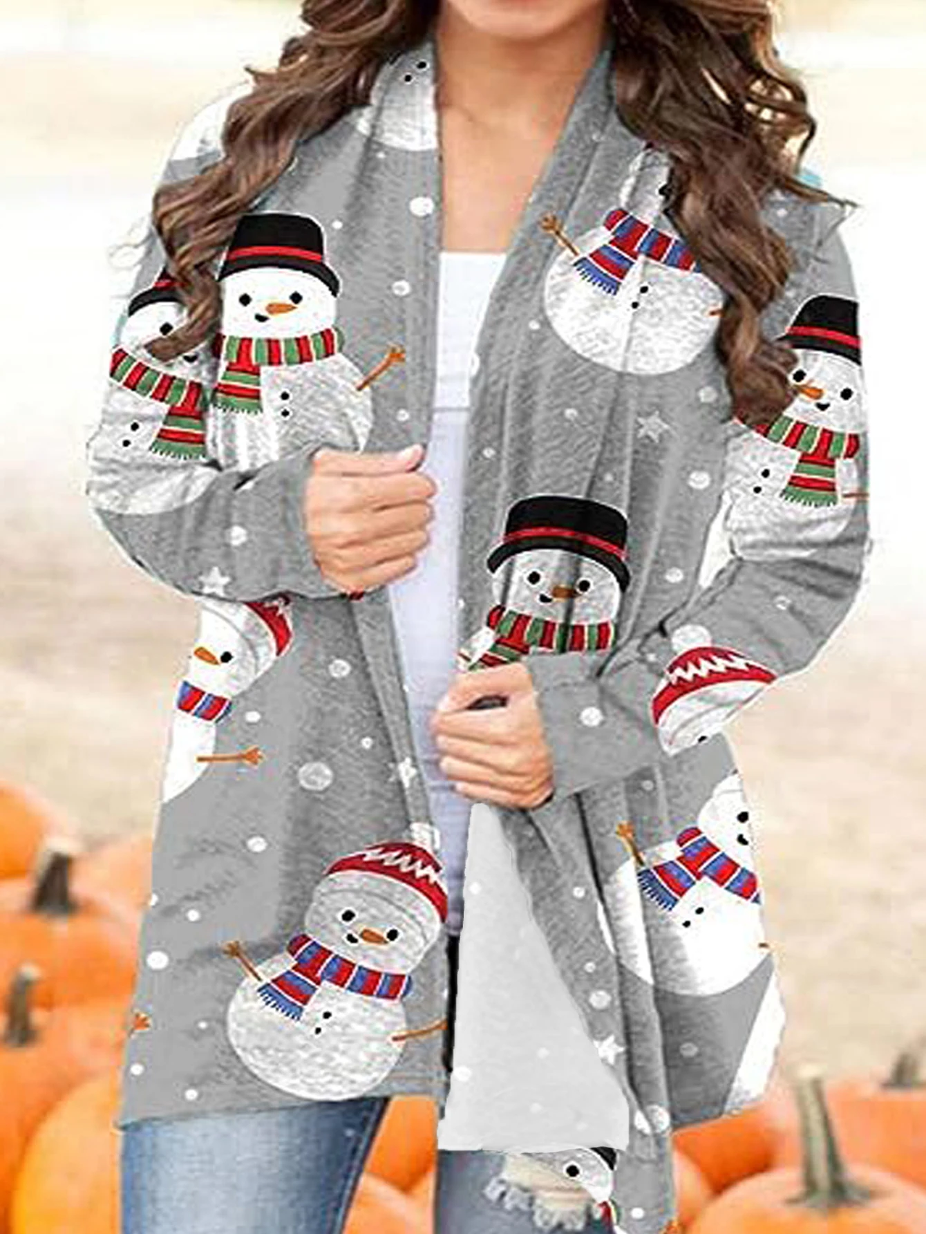 เสื้อคลุมคาร์ดิแกนแขนยาวพิมพ์ลายคริสต์มาสใหม่สำหรับผู้หญิงไซส์ใหญ่สไตล์ยุโรปและอเมริกาสำหรับฤดูใบไม้ร่วงและฤดูหนาว