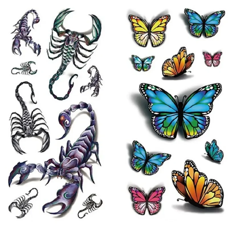 

Waterproof Temporary Tattoo Sticker Butterfly Flower Rose 3D Tattoos Scorpion Halloween Spider Body Art Arm Fake Tattoo Women