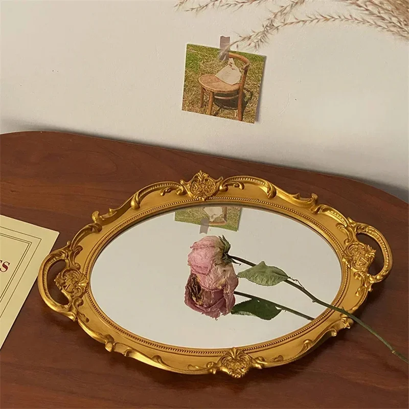 1pc European Decorative Plate Storage Tray Portable Oval Plate Jewelry Display Decor Candy Tray Vintage Make Up Mirror