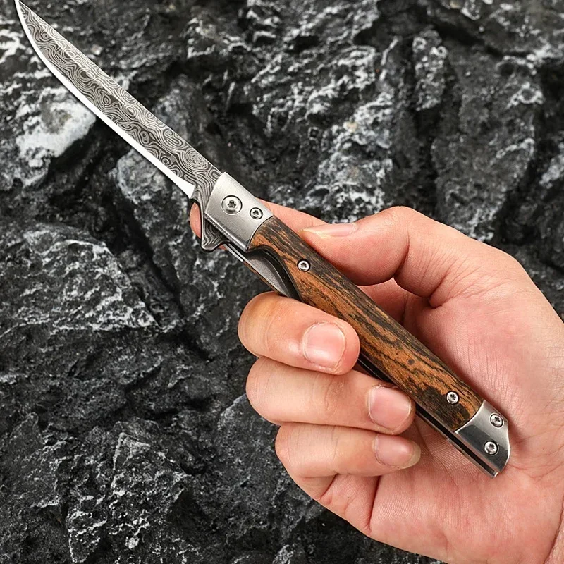 Damascus pattern folding knife,multi-purpose outdoor camping survival knife,stainless steel carrying high hardness folding knife