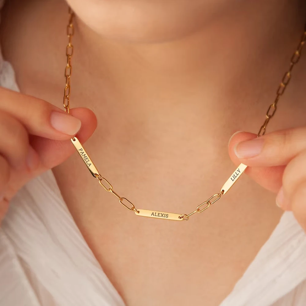 

Personalized Name Tag Necklace Custom Paperclip Chain Choker Nameplate Stainless Steel Charms Family Jewelry Gift for Women Men