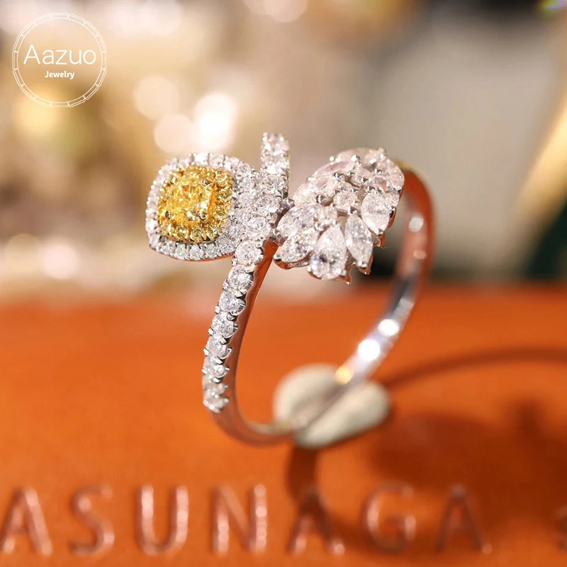 Aazuo Real Yellow & White Diamonds Real 18K Gold Square Luxury Ring Upscale Trendy Senior Party Senior Customize  Fine Jewelry