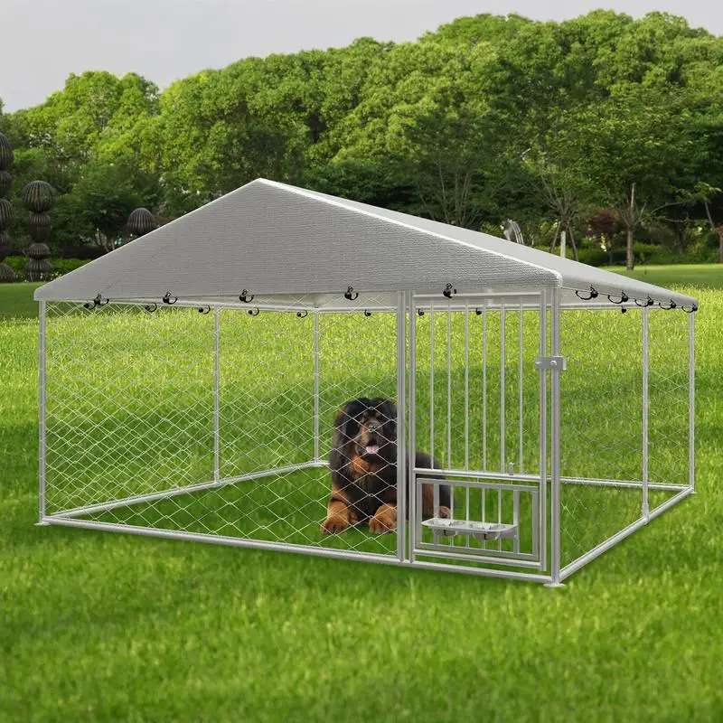 Heavy-duty outdoor dog kennel, weatherproof fenced playpen with swivel feeder, UV protection cover, safety lock, 10'W x 10'D x