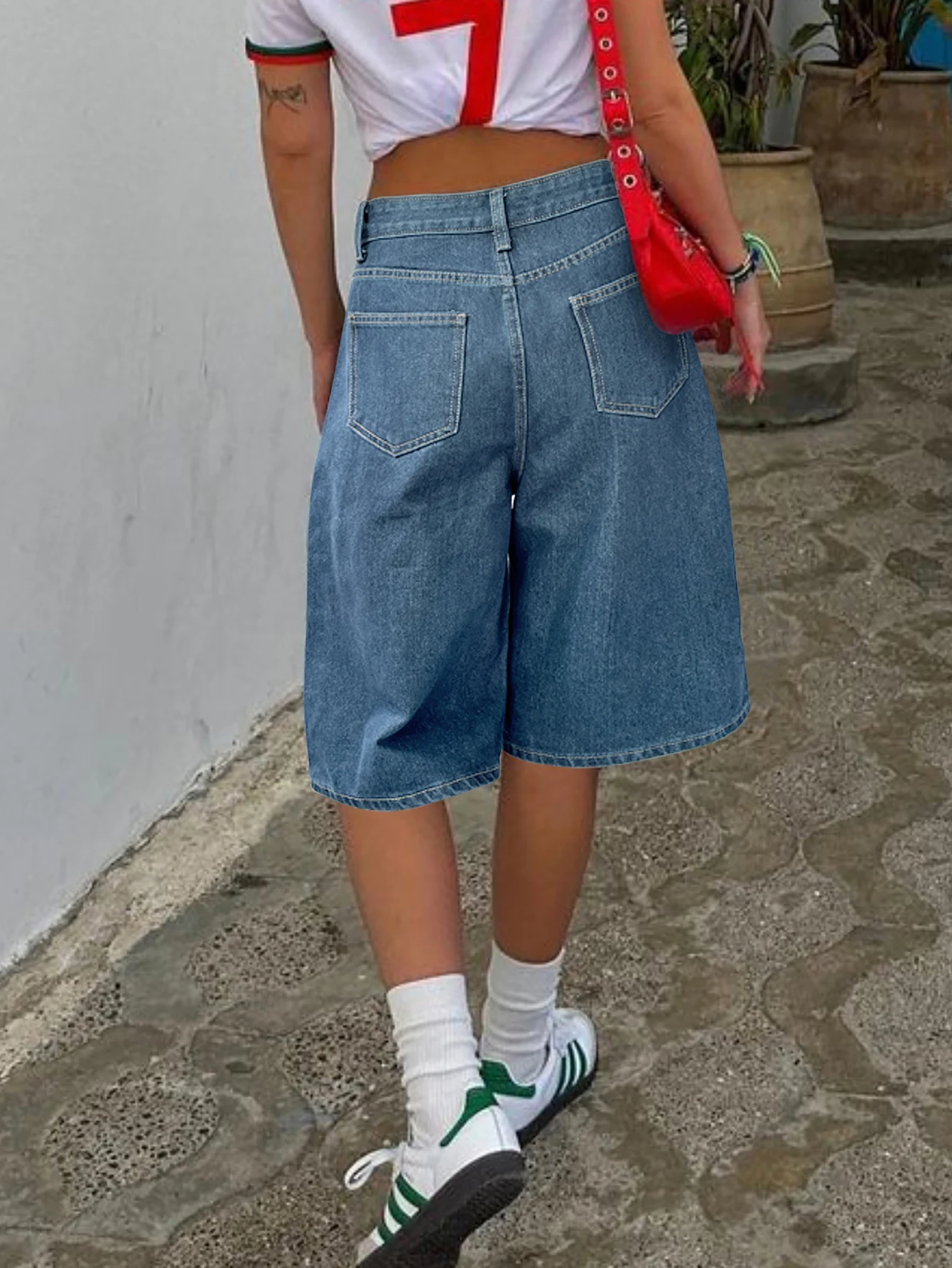 Y2K Street geplooide bermuda denim shorts hoge taille schuine zak losse pasvorm jorts casual comfortabele gewassen jeansshorts