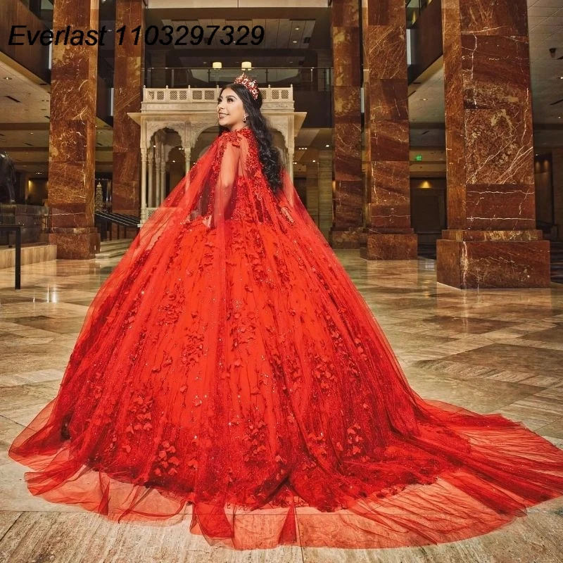 

EVLAST Customized Shiny Red Quinceanera Dress Ball Gown 3D Floral Applique Beaded Cape Sweet 16 Vestidos De XV 15 Anos TQD655