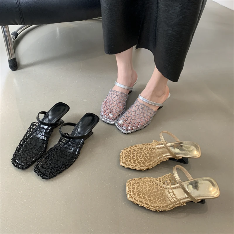 Aneikeh 2026 Summer Slippers Sandals Party Shoes for Women Fashion Strange Style Square Toe Shallow Narrow Band Weaving Slip-On