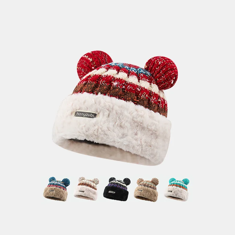 

Dopamine Color Cute Bear Ears Knitted Women's Hats Autumn and Winter Korean Version Versatile Warm Plush Beanies Caps for Women