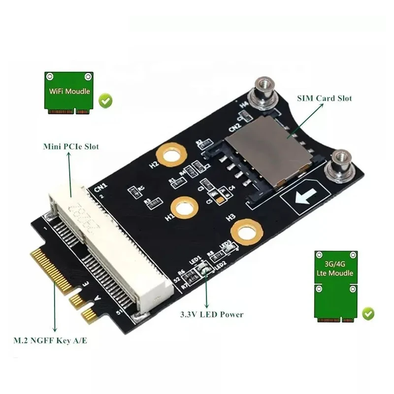 M.2 NGFF Key-A Key-E to Mini PCI-E 52Pin Adapter Card With SIM Slot for WiFi Module or 3G 4G GSM LTE WWAN Modem