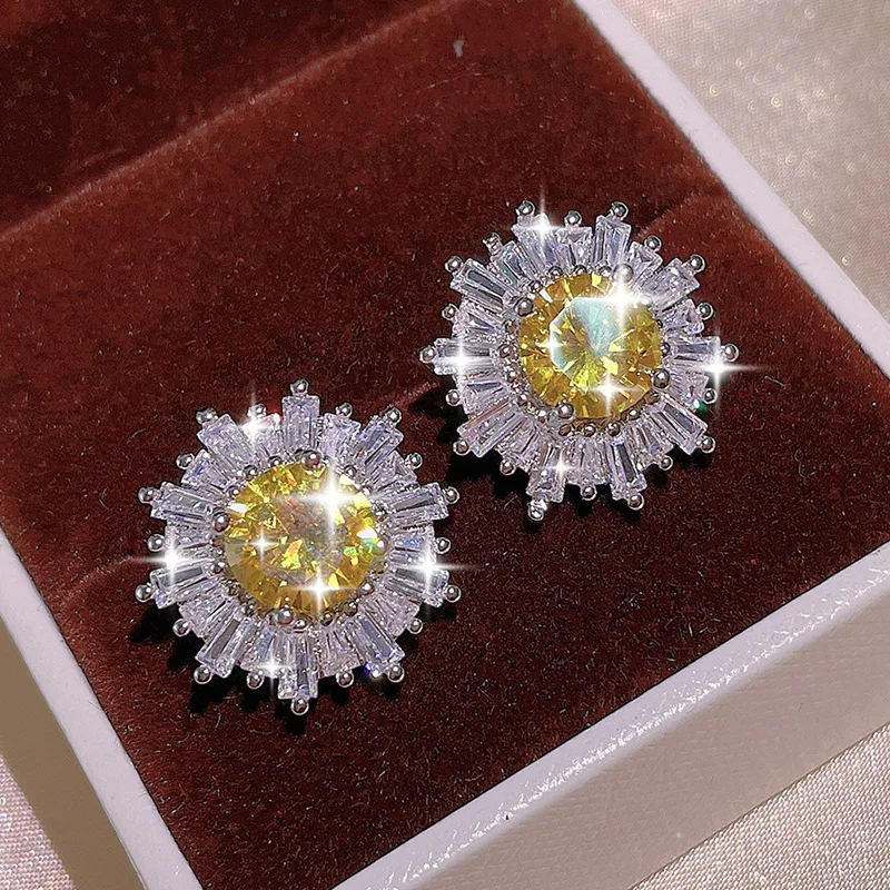 925 Silver Shiny Yellow Master Zircon Sunflower Ring Stud Necklace Set Three Piece Ladies Party Birthday Jewelry Bridal Gift