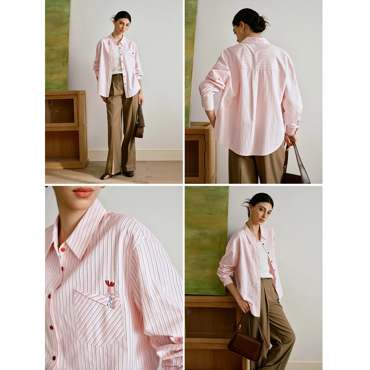 Olrain casual versátil camisas femininas 2025 outono novo commuter magro listrado camisa superior senhoras blusa de manga longa m57qc000129