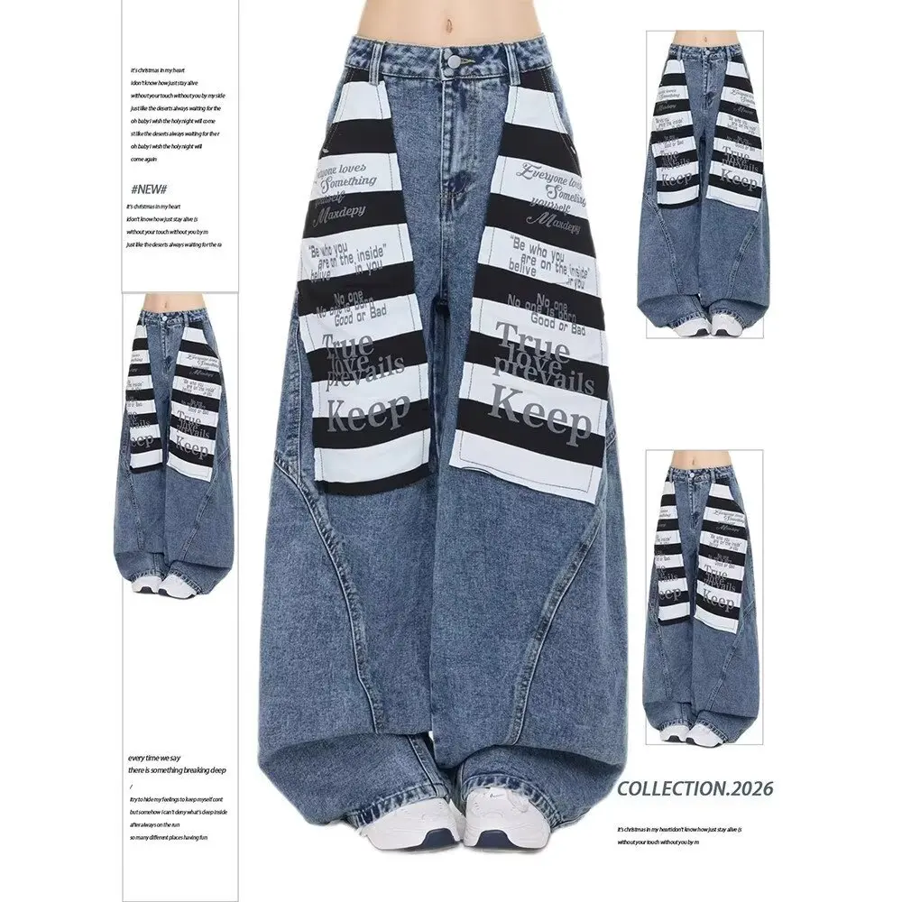 Y2K New Retro American Style Striped Denim Jeans Unisex High Quality Gothic Trendy Loose Wide Leg Pants Long Trousers