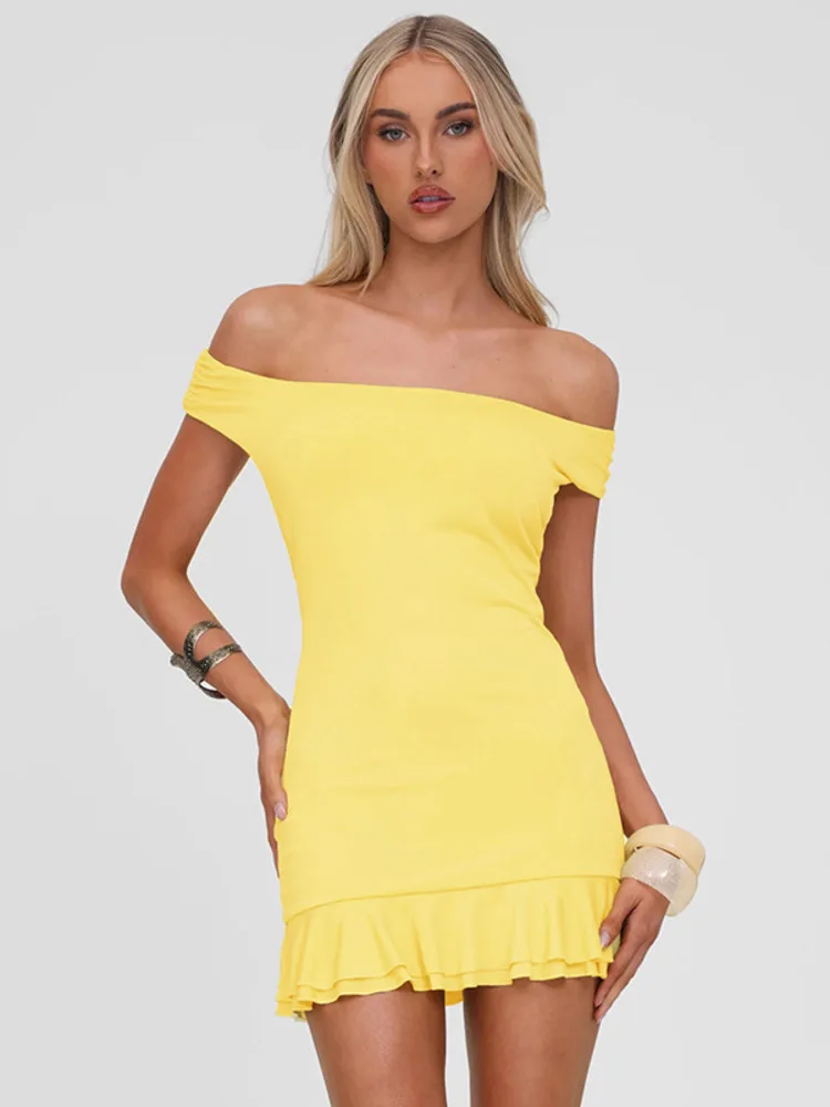 

Mozision Off-shoulder Strapless Sexy Mini Dress For Women Yellow Sleeveless Backless High Waist Ruffle Club Party Dresses Female