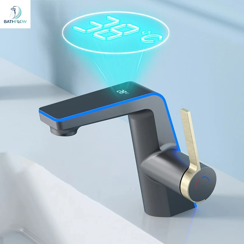 LED Digital Display Bathroom Basin Faucet Tap Hot Cold Temperature Sensing Faucet Deck Mount Sink Mixer Wash Tap Single Hole