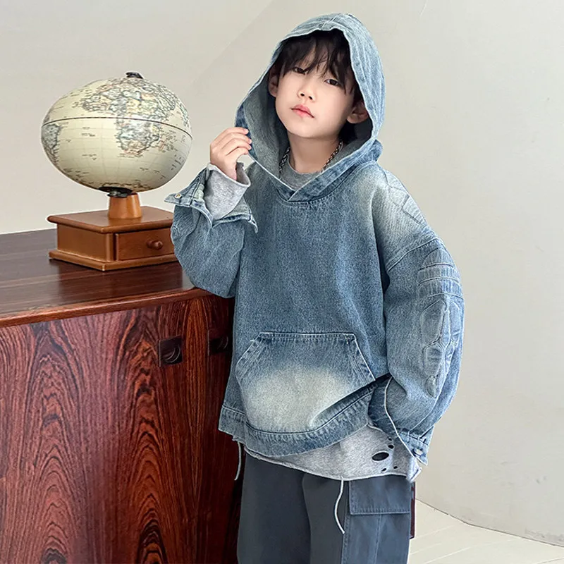Spring Autumn Children Denim Coat Fashion COOL Boy's Denim Hooded Sweatshirt Casual Teenagers Top 3-13 Years