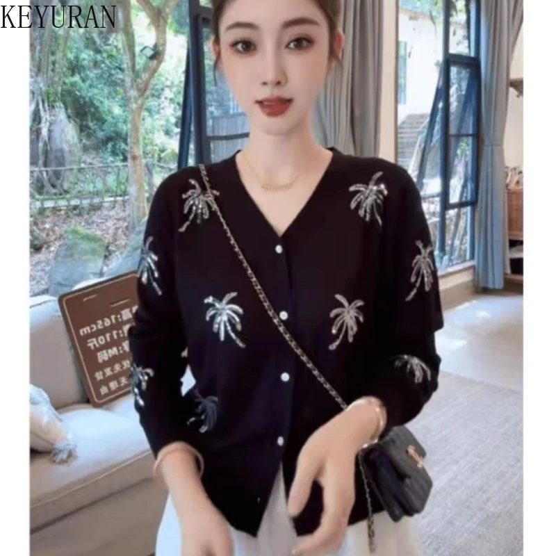 2024 Autumn New Black Sequins Knitted Cardigan Sweater Women Elegant Fashion V-neck Long Sleeve Solid Color Ladies Knitwear Tops