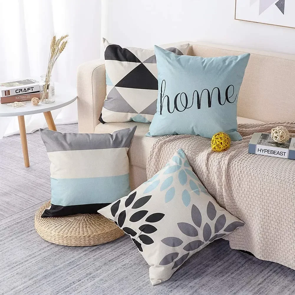 Geometric Light Blue Linen Cushion Cover for Car Living Room Sofa Bedroom Home Decor, 40x40 45x45 50x50 60x60 Pillowcase