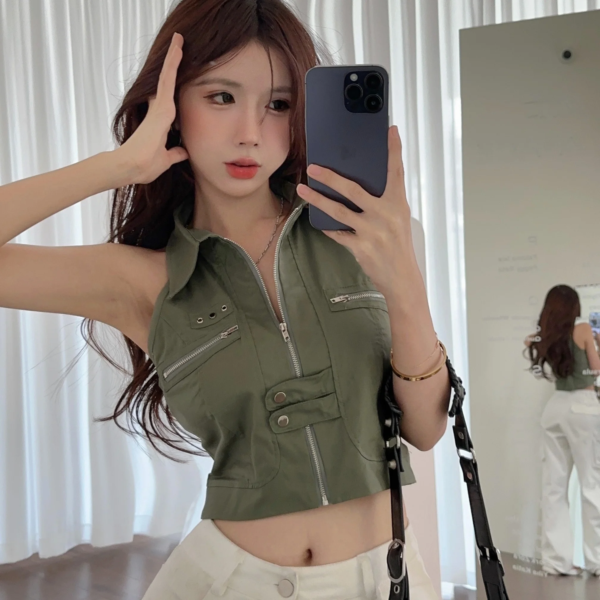 American Retro Hot Girl Zipper ter Ne Workwear Tank Top Summer New Sle Svel Outfit ort Length Pure Color