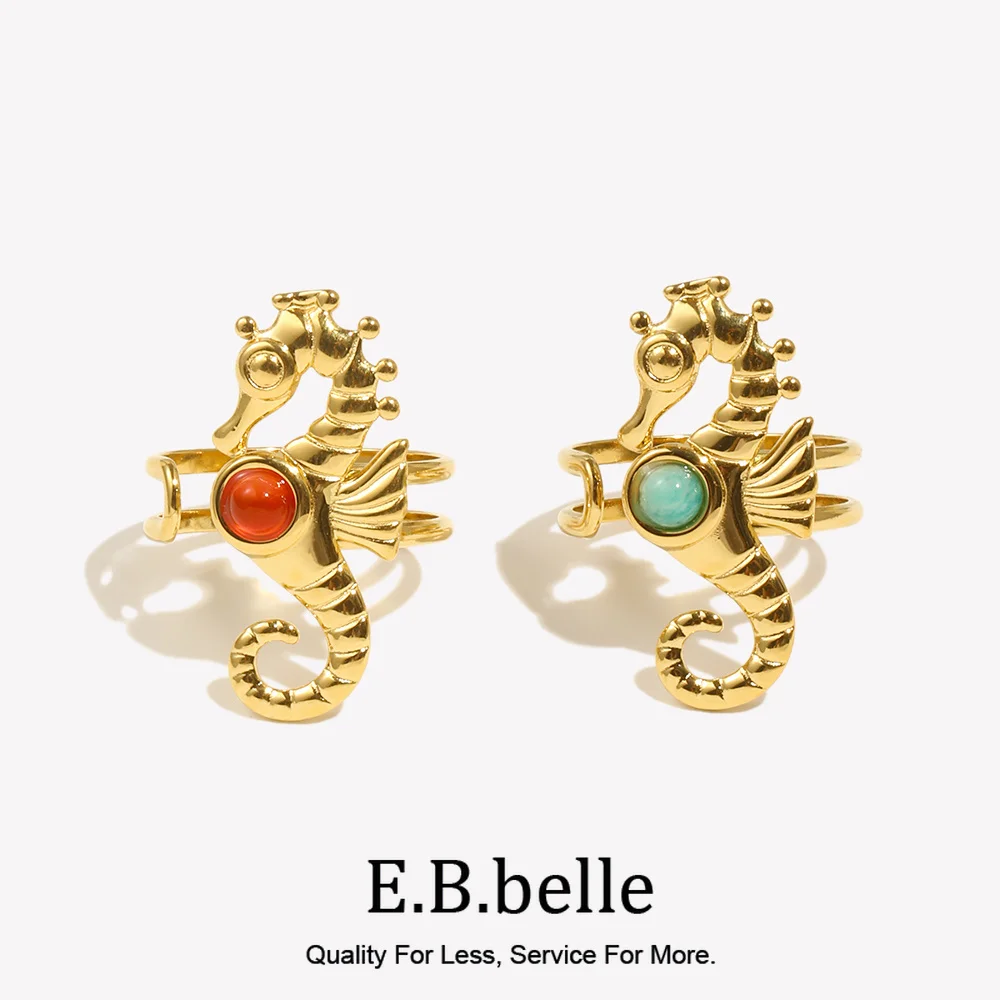 E.B.belle New Natural Amazonite Stone Seahorse Cuff Ring Ocean Style PVD Plated Stainless Steel Fashion Women Jewelry
