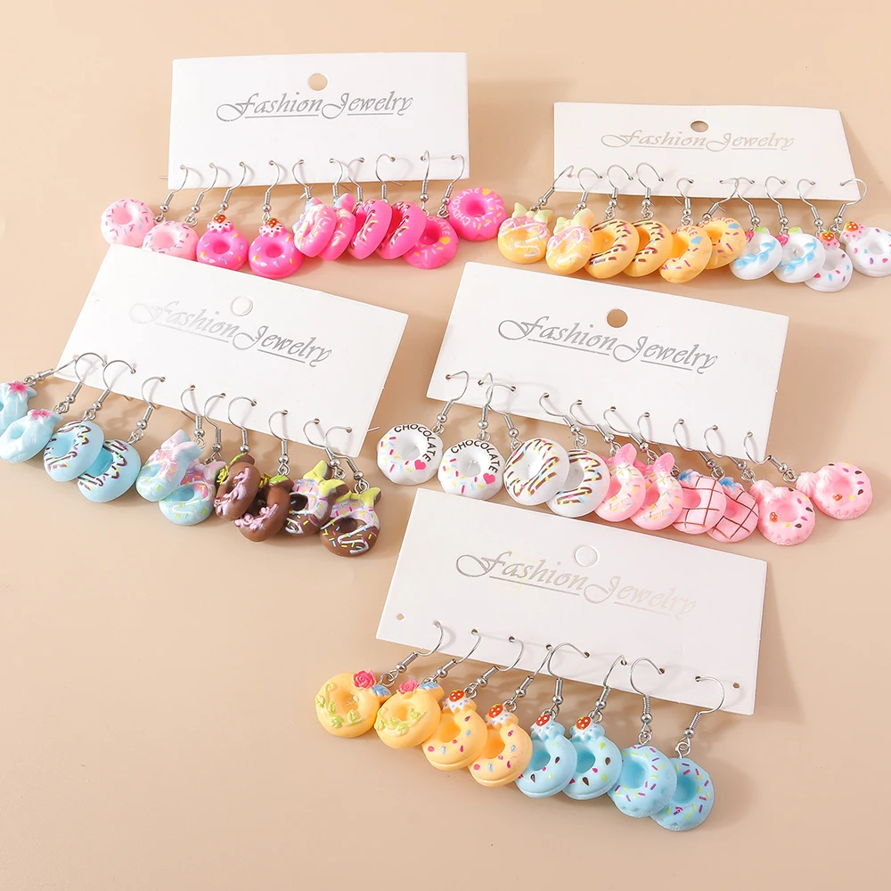 5 paare/satz Nette Süße Donut Ohrringe für Frauen Mädchen Simulation Lebensmittel Baumeln Ohrringe Kinder Schmuck Geschenke