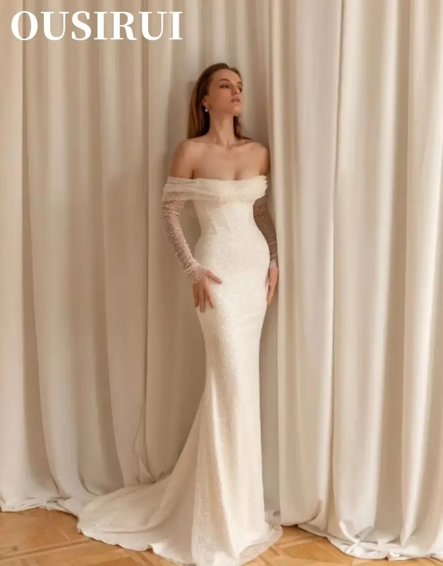OUSIRUI-vestidos De novia con lentejuelas ostentosas, cola desmontable con hombros descubiertos, mangas completas, Vestido De sirena De Renda Estilo Sereia
