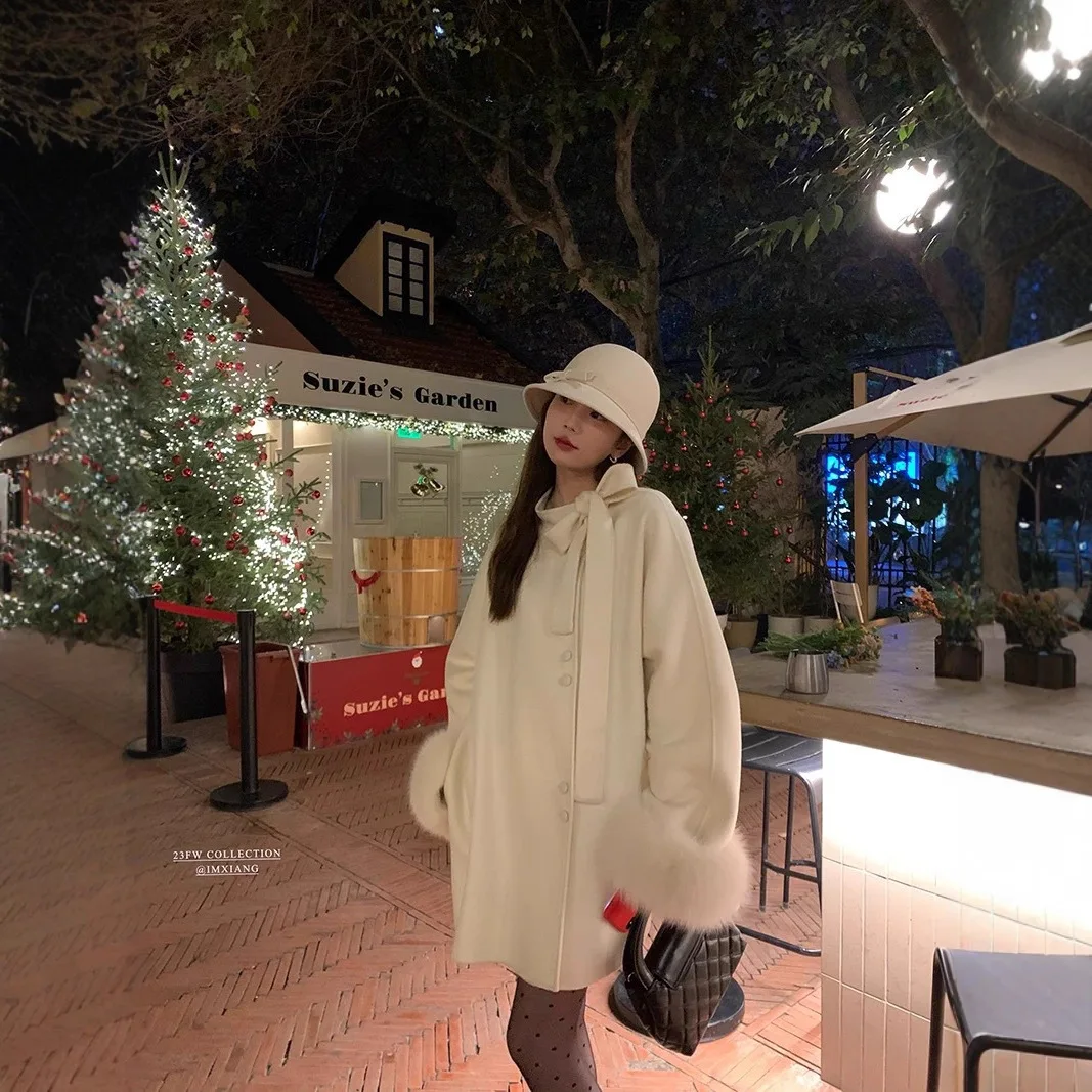 เสื้อโค้ทขนสัตว์เกาหลีสำหรับผู้หญิง ผูกโบว์ ผ้าขนสัตว์สองด้าน แจ็คเก็ตกำมะหยี่หรูหรา ขนสุนัขจิ้งจอกแท้ ใหม่