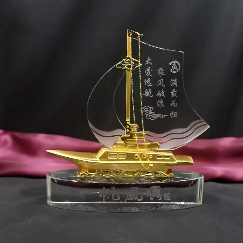 

TOP GOOD Desk Business Decorative art Talisman -ALL GOOD LUCK crystal Sailboat FENG SHUI Mascot Sculpture statue decoration