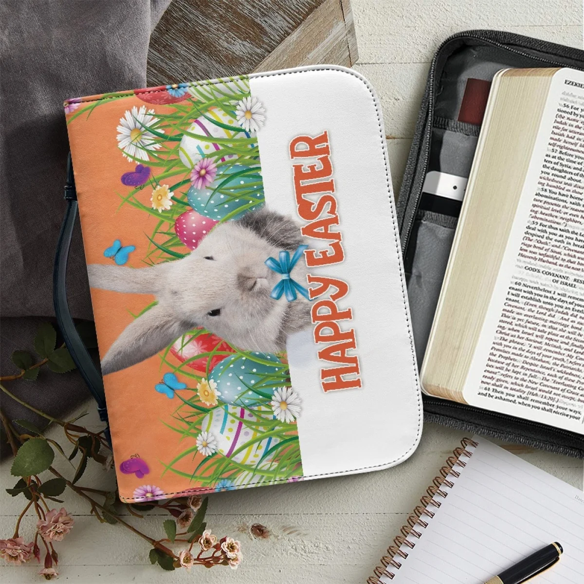 

FORUDESIGNS Fashion Zipper Ladies Handbag Leather Easter Egg Bunny Design Bible Bag Protective Bible Bags Study Storage