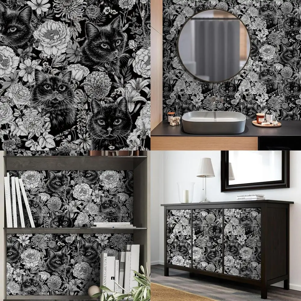 ورق جدران ذاتي اللصق على شكل زهور قطة باللونين الأسود والأبيض من مودي القوطي لداخل الأكاديمية الداكنة