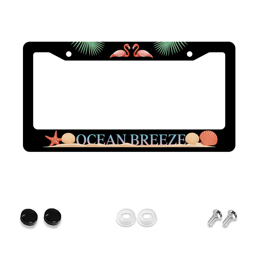 

1 шт. черная рамка номерного знака с 2 отверстиями, цветным фламинго и рисунком ракушки, алюминиевый материал, 6x12 дюймов, в комплект входит винт