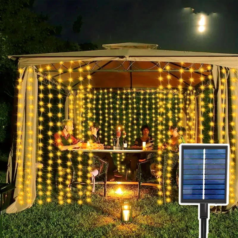 Imagem -02 - Solar Powered Led Curtain String Lights Perfeito para Festa Casamento e Jardim Decorações Lâmpada de Natal ao ar Livre Modos