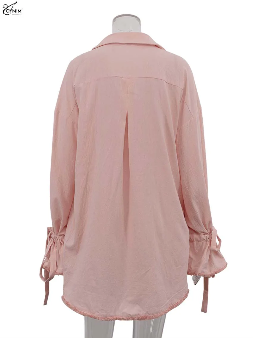 Oymimi Elegant Pink Cotton Sets For Women 2 Pieces Fashion Pockets Long Sleeve Lace-Up Shirts And High Waist Ruffled Shorts Sets