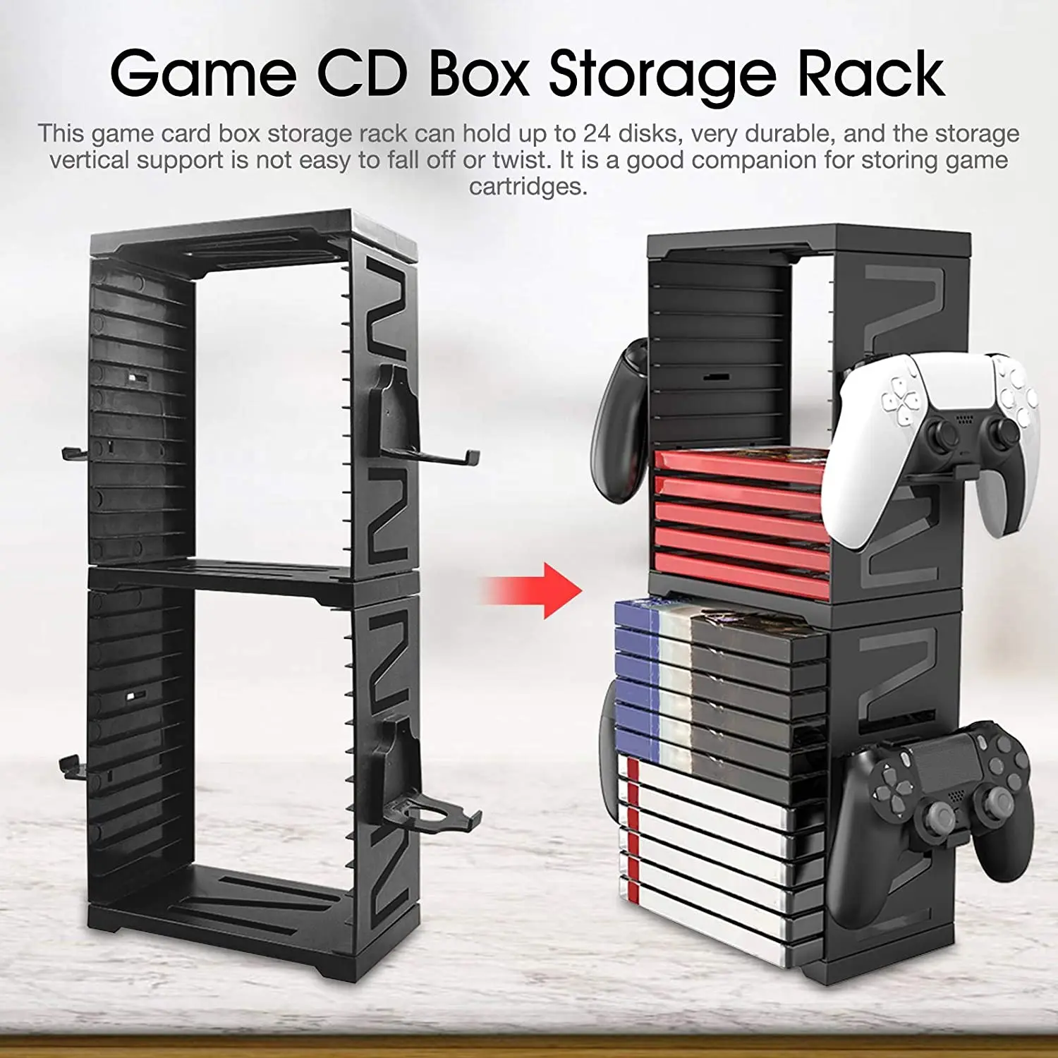 PS5 Game Disc Box Storage Rack, Double-Layer PS5 Disk Handle Multifunctional Storage Tower for PS5 PS4 XBOX NS Storage Rack