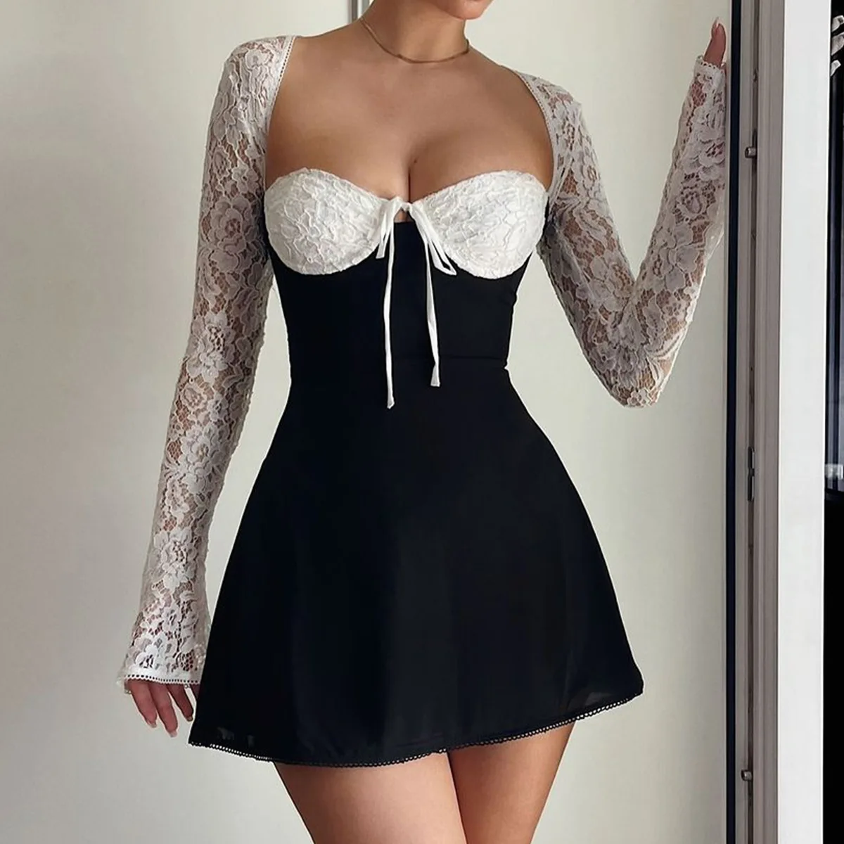 2024 Summer Sexy Lace Crochet Satin Club Party Dresses Women Long Sleeve Lace Up Bodycon Short Mini Dress Elegant