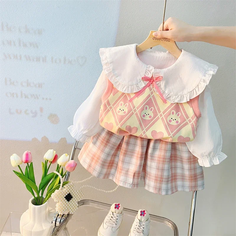 

Baby Girls Vest Lace Shirt Skirt 3 Pcs Suit Autumn Children Clothing Sets Kids Clothes Outfits Cartoon Bear Infant Costume