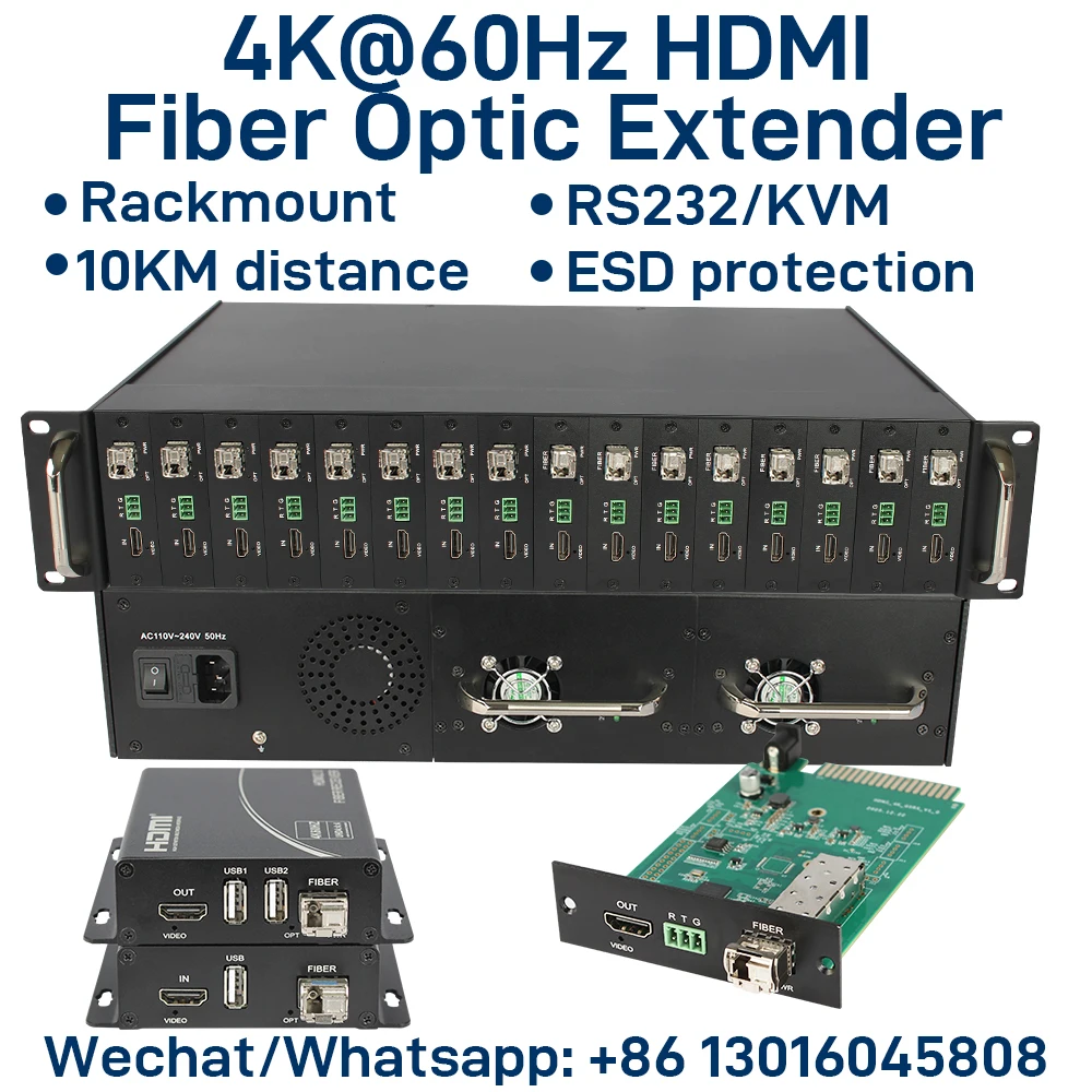 4K@60Hz HDMI 2.0 Fiber Optic Extender with RS232 / USB KVM, Uncompressed 10Gbps Over LC Single-Mode Fiber up to 10KM, EDID