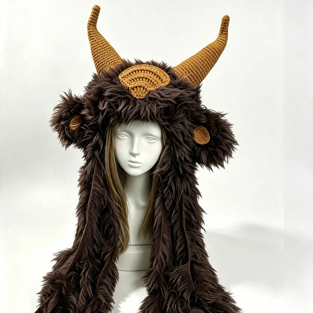 Handmade Crochet Horned Monster Wild Goat Hood Men Fuzzy Viking Knit Winter Warm Beanie Women Goth Halloween Cosplay Custom Hat
