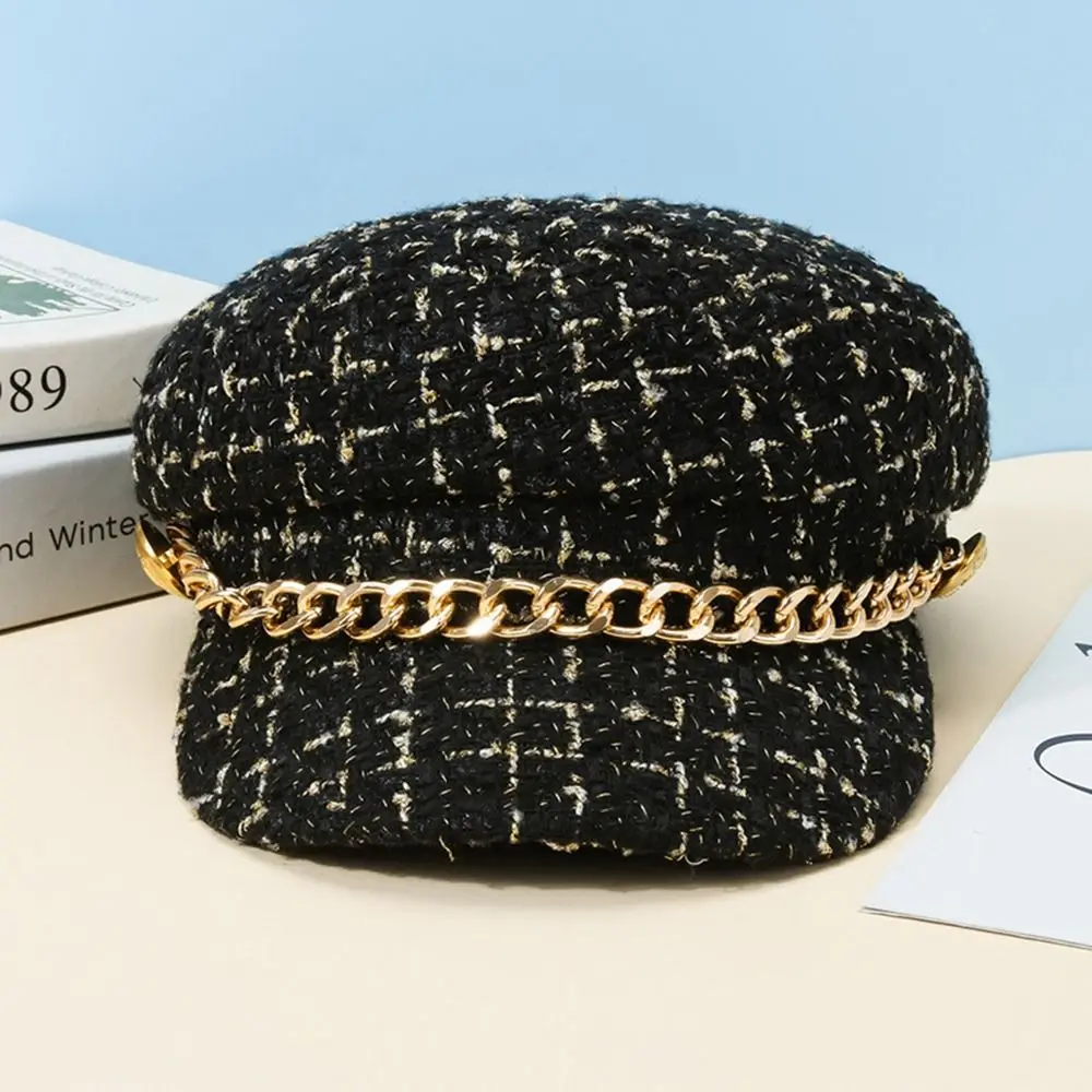 Warm Vintage Korean Style For Girls Metal Chain Artist Hat Autumn Painter Hat Plaid Beret Women Visors Cap Octagonal Cap