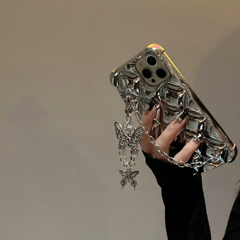 

Для iPhone 16 pro max 15 pro 14 plus 13 девочек ромб бабочка цепочка серебряный чехол для телефона простой роскошный защитный чехол от падения