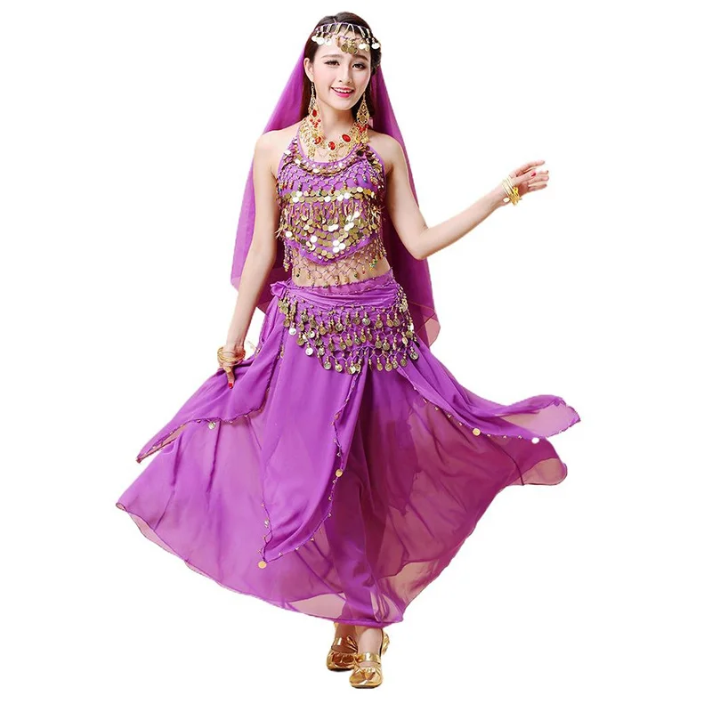 

4PCS Ladies Belly Dance Women Stage Performance Costume Set Indian Dance Practice Training Suit Bollywood Dancing Clothing