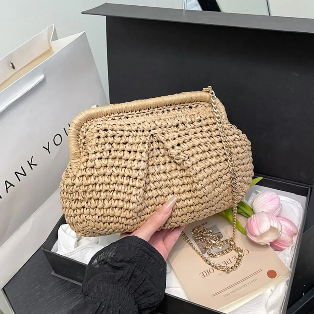 Bohemian Shell-shaped Weave Bag Hollowed Out Chain Strap Chain Crossbody Bag Handbag Large Capacity Straw Shoulder Bag Picnic