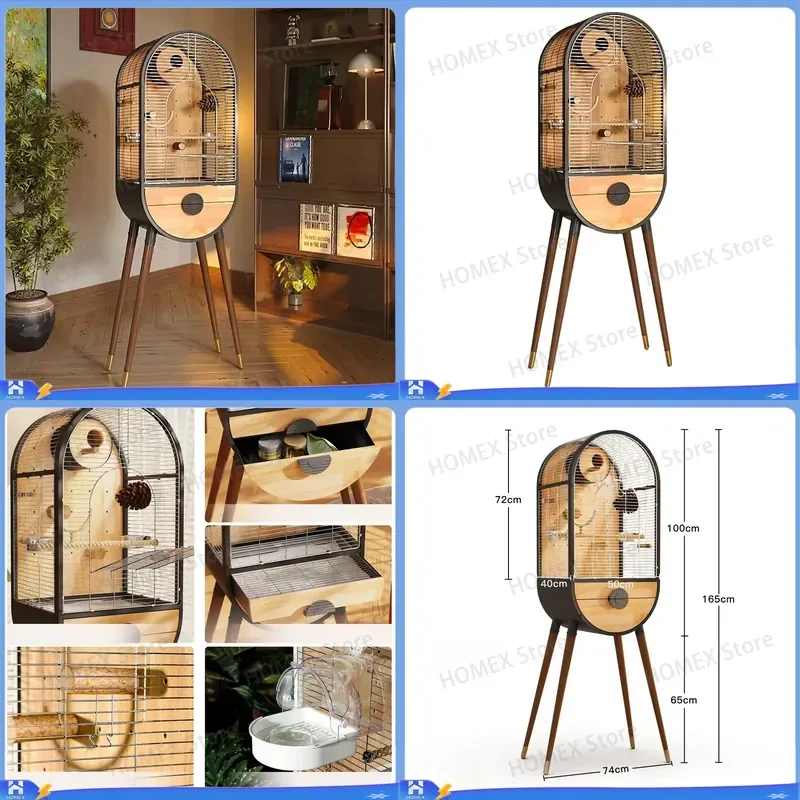 Large Triangle Bird Cage Natural Solid Wood Stainless Steel Double Deck Modern Luxury Parrot Cockatiel Aviary Easy Clean Pet