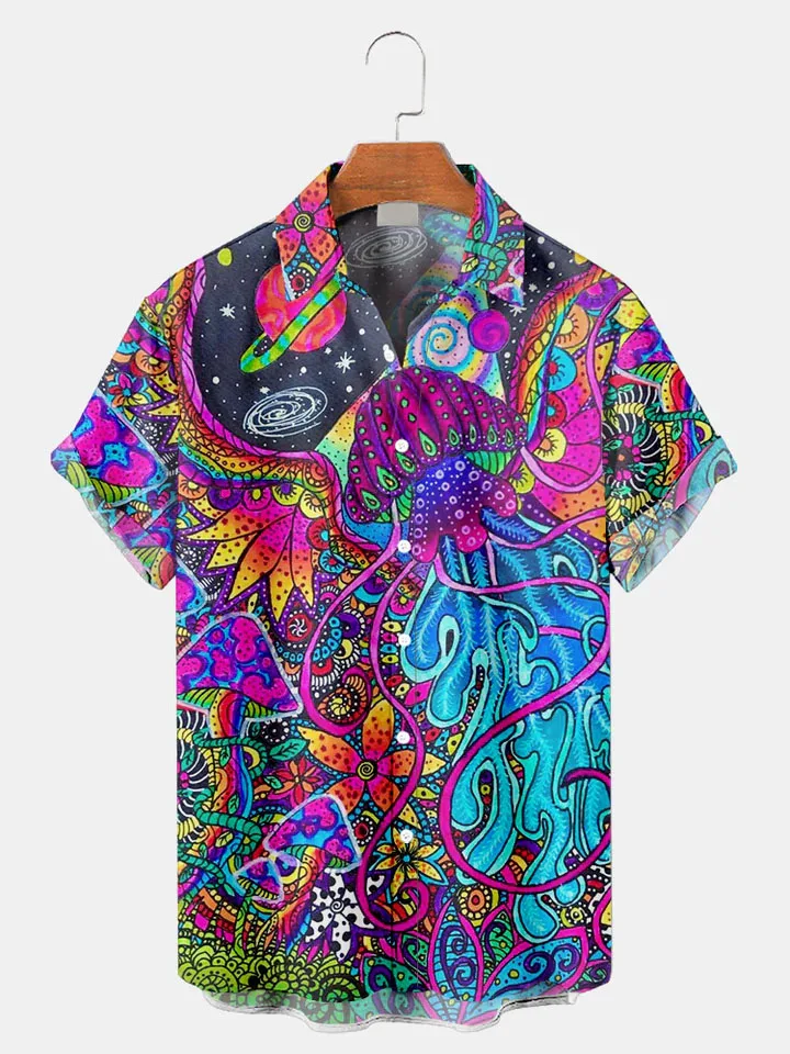 Fashion Men's Casual Sea Life Graphics Short Sleeve Shirt Button Down Lapel Shirts Oversized Tops Casual Hawaiian Shirt for Man