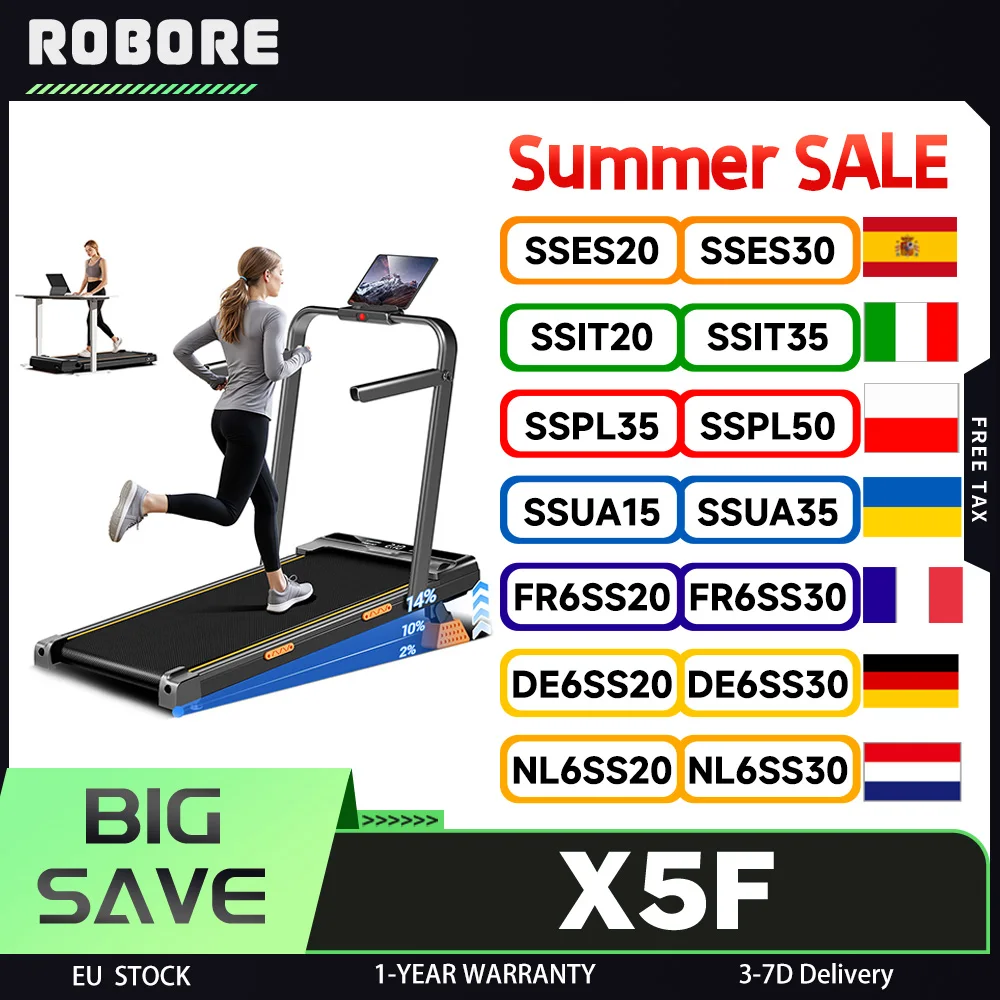 Tapis roulant pliable ROBORE X5F, inclinaison de 14 %, vitesse maximale de 10 km/h, moteur silencieux de 2,5 CV, charge maximale de 150 kg, inclinaison à 3 niveaux, LED, télécommande