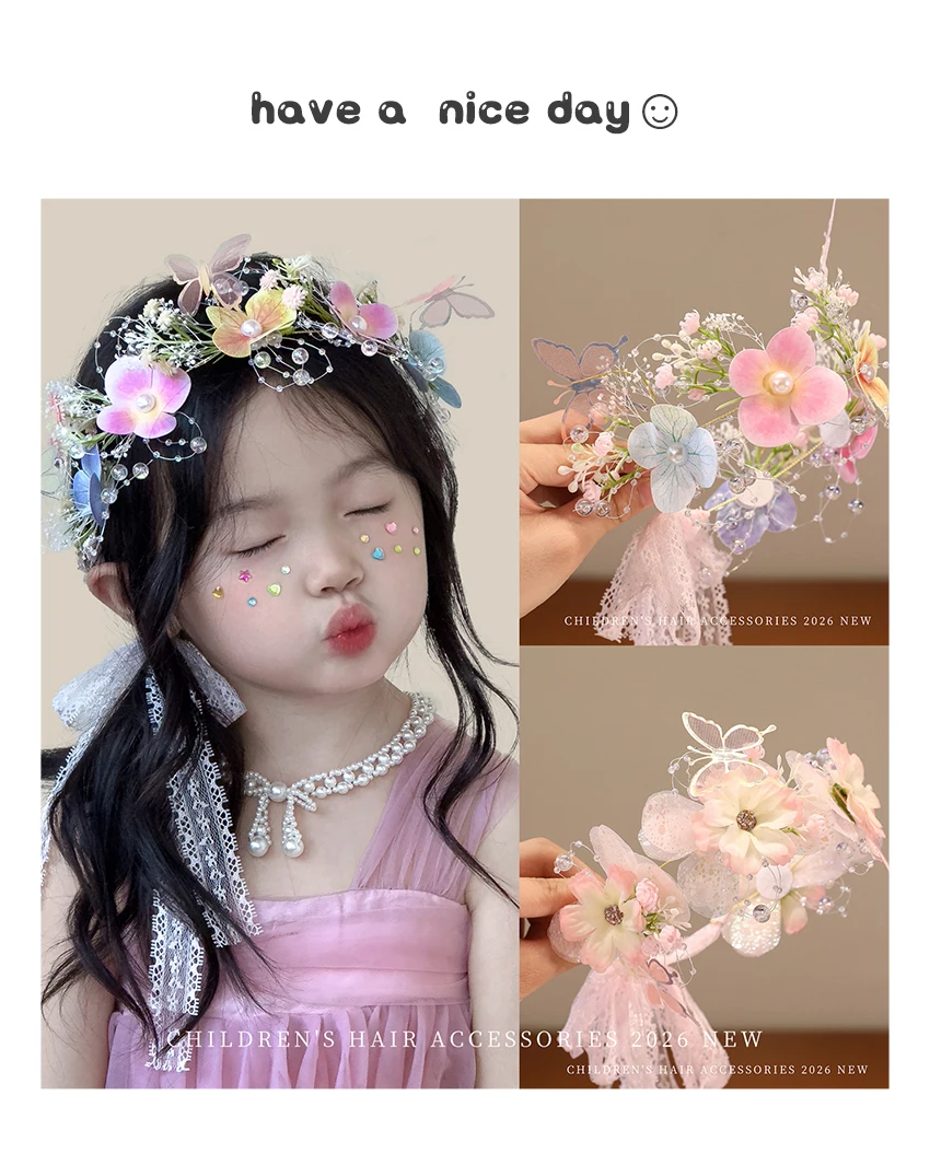 2026 Neues Fairycore Coquette Prinzessinnen-Blumen-Schmetterling-Stirnband Rosa Tüll-Spitze Schleife Strass-Haarband für Mädchen Kleinkinder Kinder – Detail 1