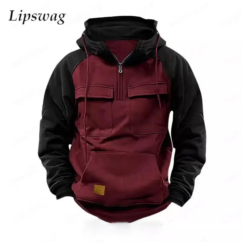 Casual Loose Patchwork Hooded Sweatshirts Mens Vintage Zipper Drawstring Pockets Cargo Hoodies Men Spring Autumn Fashion Hoodie