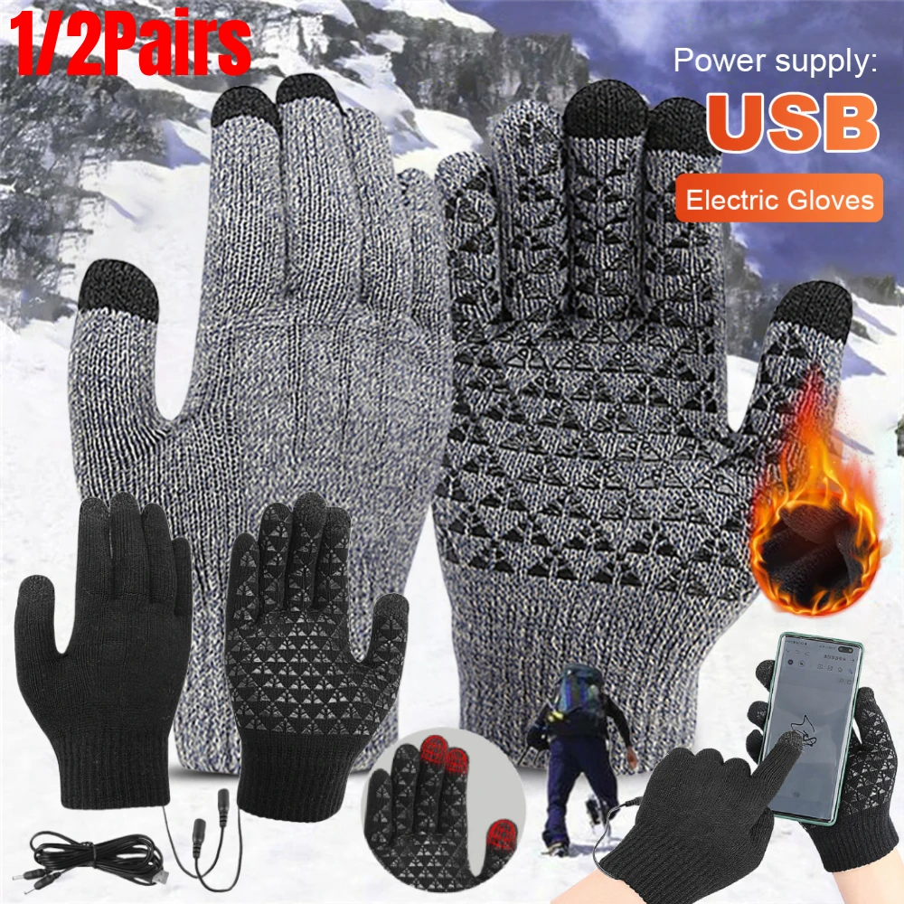 

1/2 пары USB-перчаток с электрическим подогревом, ветрозащитные термовязаные перчатки, мотоциклетные перчатки с 3 пальцами и сенсорным экраном для езды на открытом воздухе